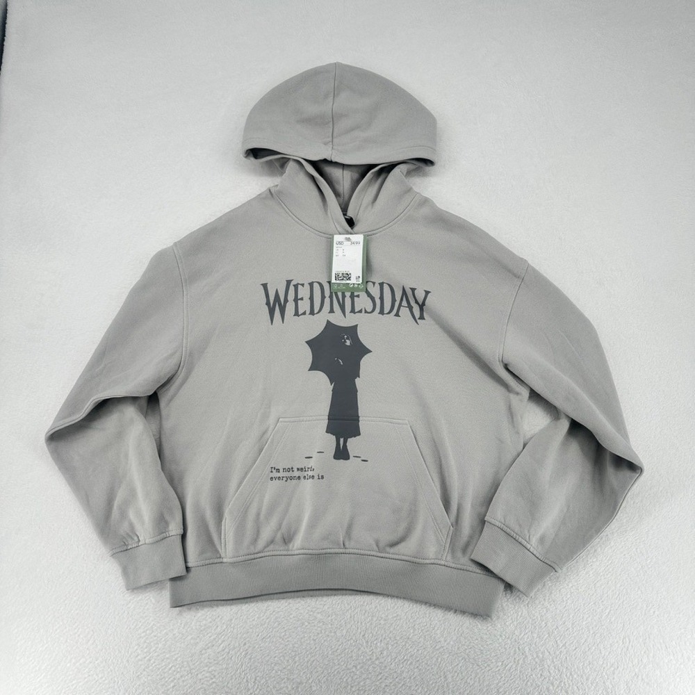 H&M Wednesday Addams Gray Graphic Hoodie Pullover Size S NWT